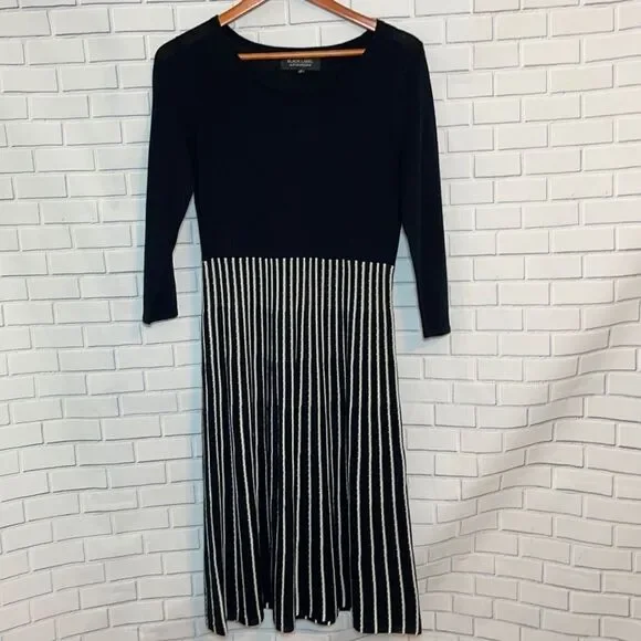 Black Label By‎ Evan Picone Black Stiped Skirt Knit Dress Sz M - Picture 2 of 6